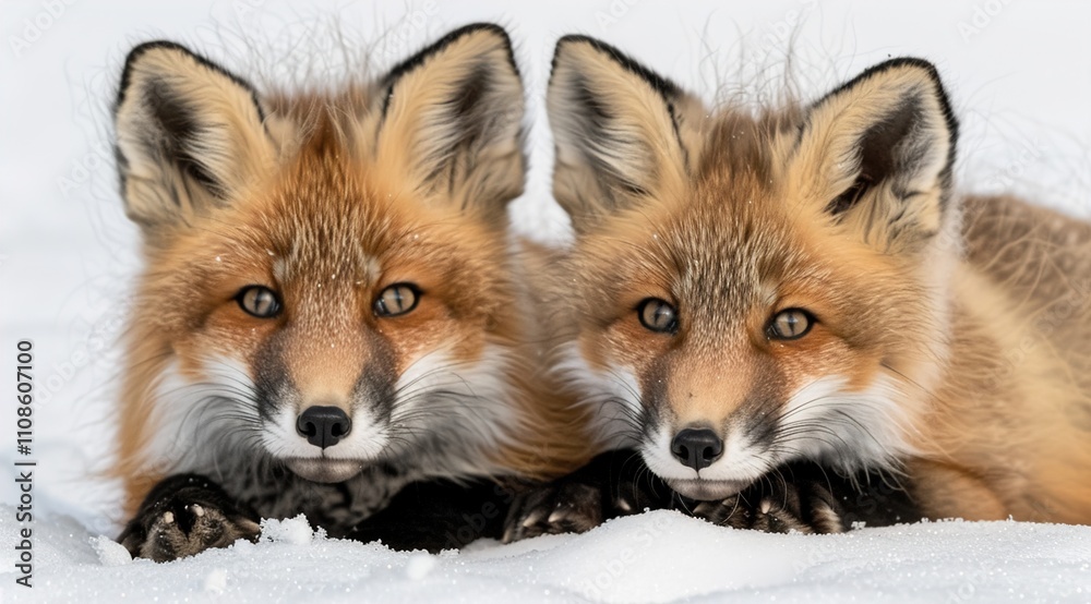 Obraz premium two cute red foxes in snow illustration