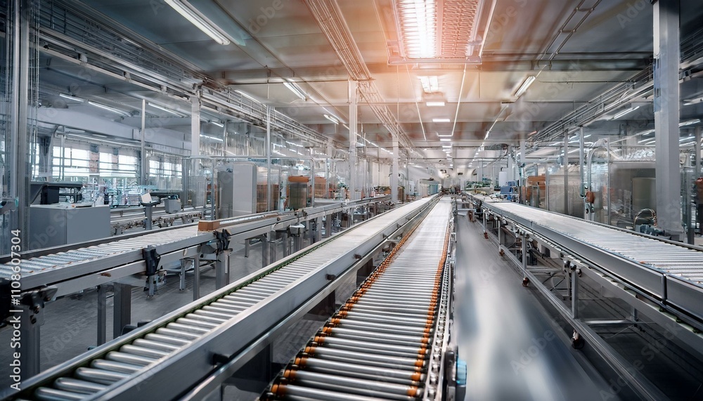 Naklejka premium 자동화된 생산 라인 위에서 움직이는 컨베이어 벨트와 제품들의 윤곽