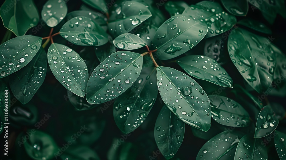 Obraz premium Lush Green Leaves Glistening With Dew Drops