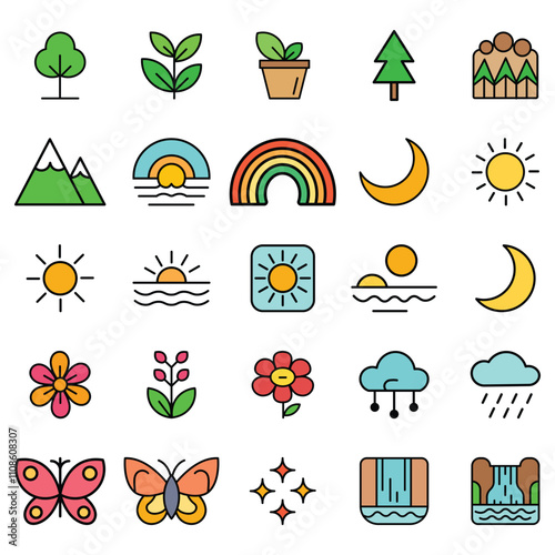 Colorful Nature and Ecology Vector Icon Set isolated on white background.trees, birds, leaves, plants, hills, sun, moon, rainbow, clouds, flowers, butterflies, and a waterfall vector illustration.