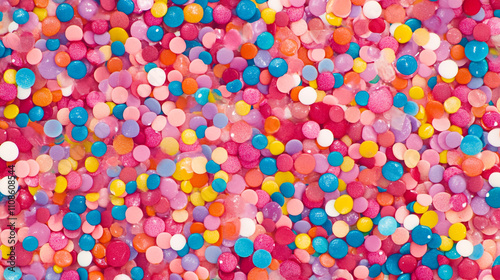Colorful assortment of sprinkles scattered across a pink background in a baking setup