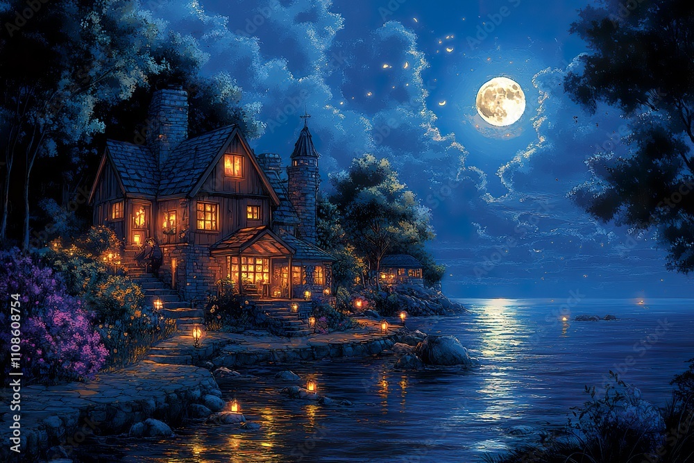 Fototapeta premium Lakeside Cottage Illuminates Under A Full Moon