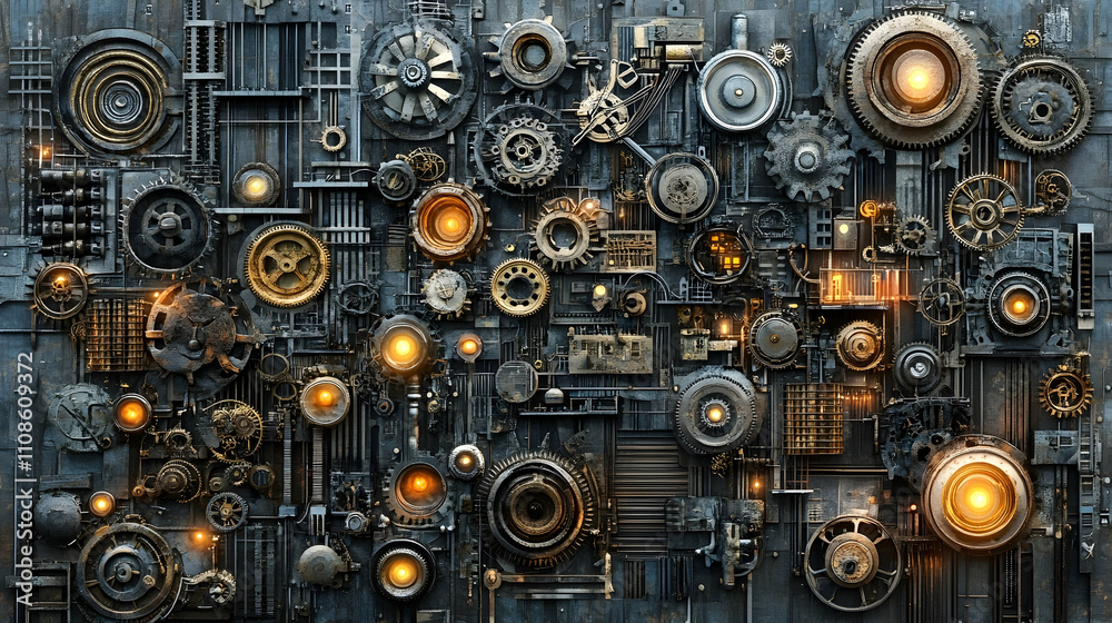 Intricate steampunk-style metal gears, cogs, and illuminated components arranged on a dark background. Intricate steampunk-style metal gears, cogs, and illuminated components arranged on a dark background.