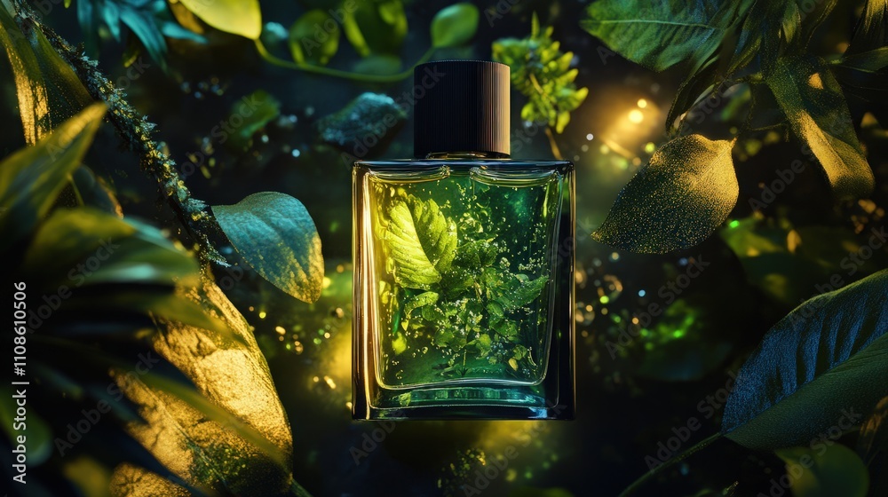 custom made wallpaper toronto digitalExclusive bio-inspired fragrance with packaging made from plant-based materials, surrounded by lush greenery and glowing highlights