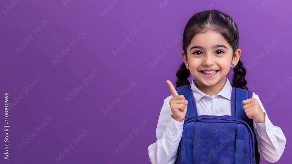 Happy girl with backpack pointing up. Happy girl with backpack pointing up.