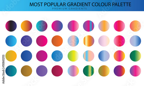 Most popular Five-gradient & top 36 Beautiful Gradients Color set. Chrome, texture, surface, and background template for screen, mobile, digital, and web. Metallic and chromium shade combination