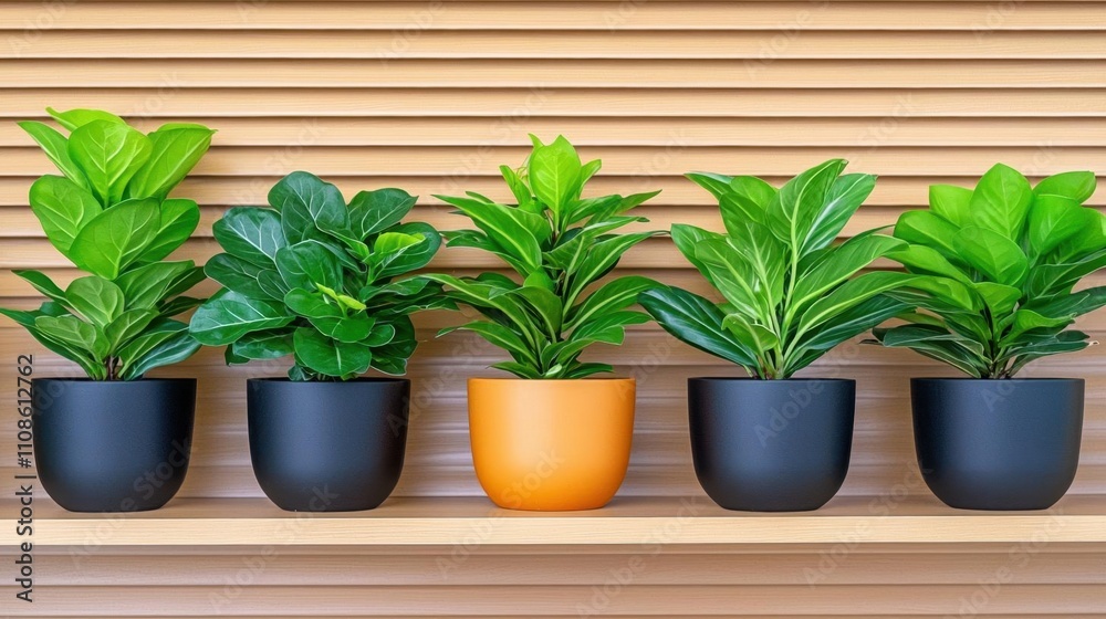 Obraz premium A photostock of various potted houseplants neatly arranged on a shelf, creating a lively and green indoor atmosphere. High Quality