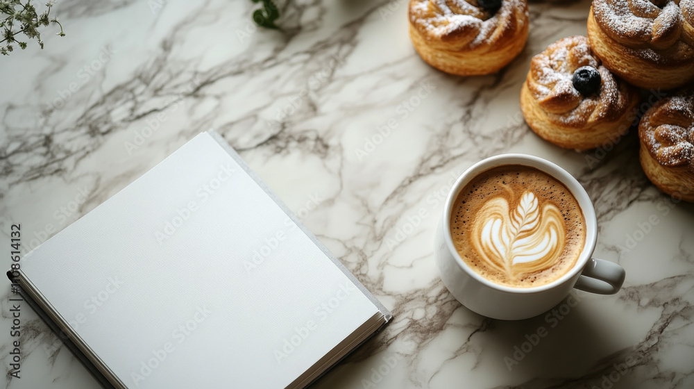 A cup of latte art coffee with pastries and a blank notebook on a marble table. Perfect for a relaxing morning. A cup of latte art coffee with pastries and a blank notebook on a marble table. Perfect for a relaxing morning.