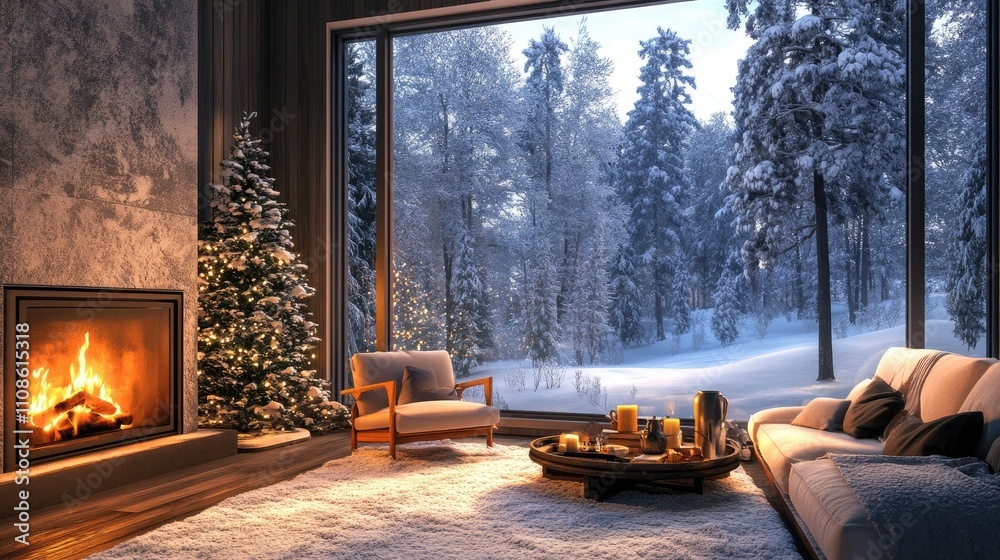 Fototapeta premium A cozy, snow-covered living room with a blazing fireplace, looking out onto a peaceful snowy forest, offering a tranquil winter ambiance