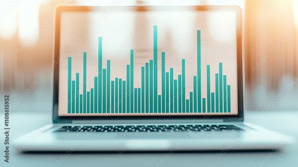 Laptop displaying teal bar graph, showing data analysis and business growth. Laptop displaying teal bar graph, showing data analysis and business growth.