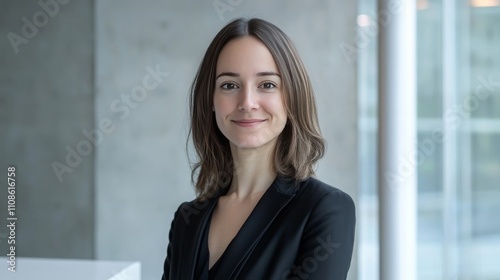Pretty brown-haired female real estate agent in a discreet black dress stands smiling in a room, 16:9 Free Download Pretty brown-haired female real estate agent in a discreet black dress stands smiling in a room, 16:9 - GFXLoad