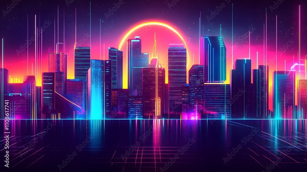 Retro futuristic city skyline at night with neon lights and vibrant colors reflecting on water. Retro futuristic city skyline at night with neon lights and vibrant colors reflecting on water.