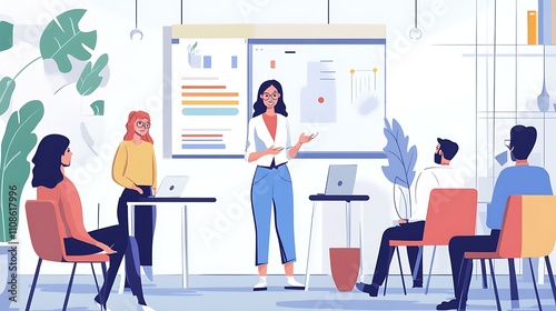 A focused female manager presenting while colleagues listen attentively in a decorated office