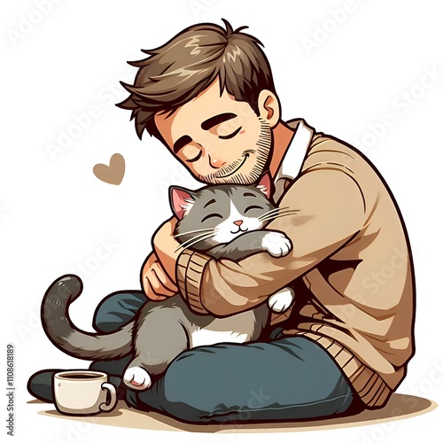 a man hugging a cat with love heart