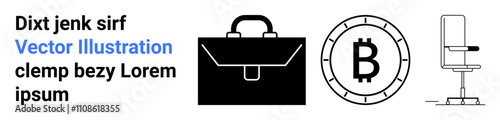 Briefcase, Bitcoin symbol, and office chair. Ideal for business concepts, financial themes, cryptocurrencies, office setup, investment visuals, minimalist design. Landing page