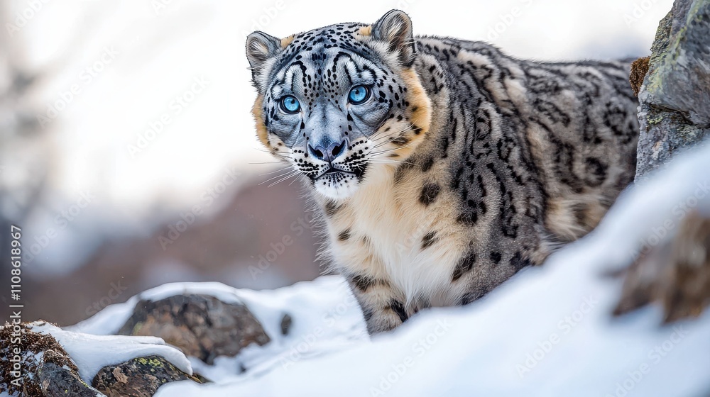 Obraz premium Snow leopard in the wild mountain range wildlife snowy landscape close-up view nature conservation