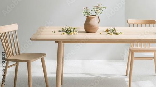 Natural minimalist dining setup with floral arrangement modern home interior design bright environment aesthetic focus