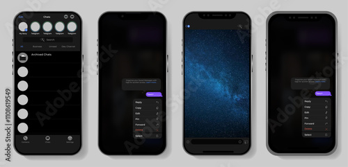 Mobile phone screen mockup set with telegram interface, vector illustration