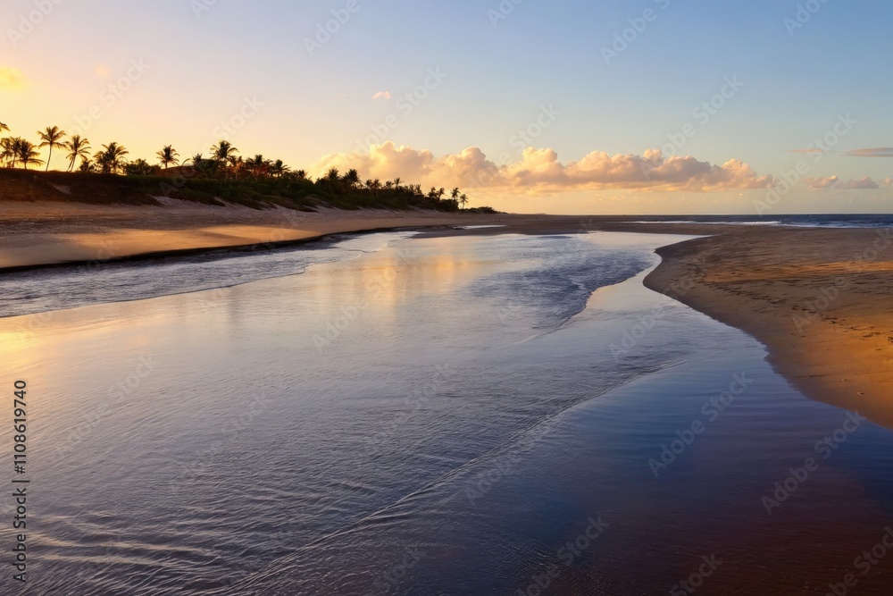 Fototapeta premium Serene Tropical Beach with Calm Waves During Peaceful Sunset