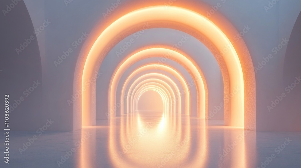 Fototapeta premium abstract light tunnel background. 3D render, white background with minimalist arches and glowing light in the middle. for product presentation, mockup, or design template.
