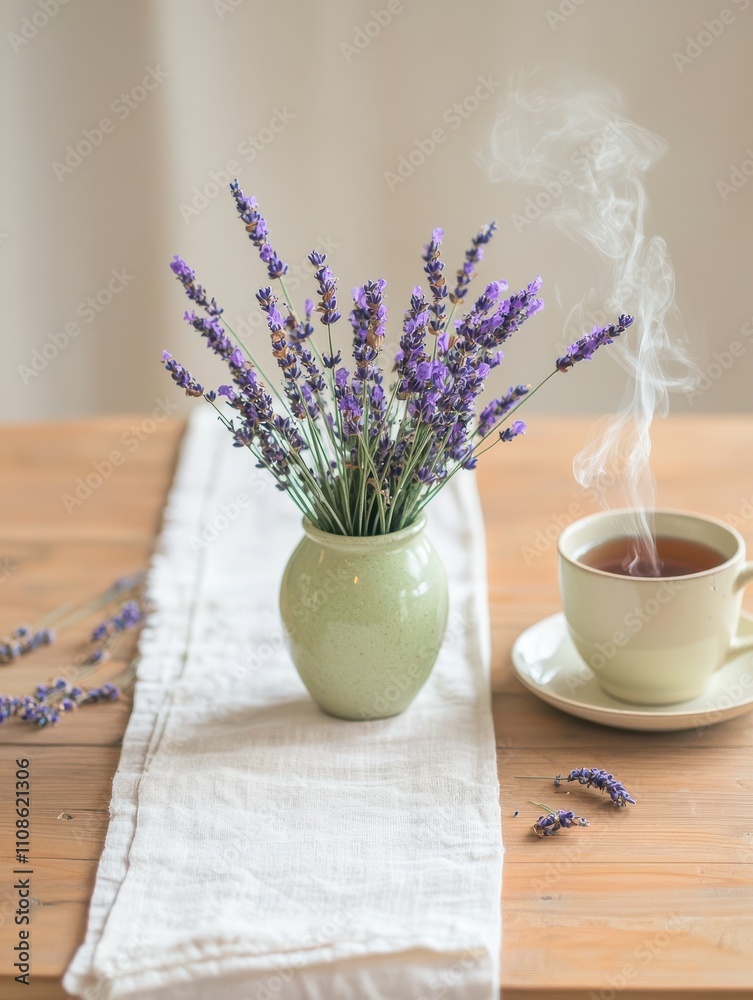 Relaxing tea moment with lavender flowers cozy home still life warm atmosphere tranquility concept Relaxing tea moment with lavender flowers cozy home still life warm atmosphere tranquility concept