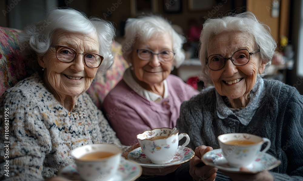 Group of seniors enjoying a cheerful tea party and socializing together in a cozy living room during a visit Group of seniors enjoying a cheerful tea party and socializing together in a cozy living room during a visit