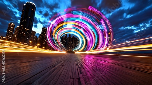 A creative light painting of a city skyline, long exposure shutter speed, vibrant colors forming abstract shapes, and low angle shot. 