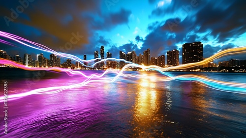 A creative light painting of a city skyline, long exposure shutter speed, vibrant colors forming abstract shapes, and low angle shot. 