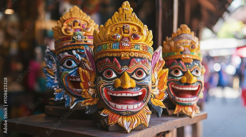 Fototapeta premium Vibrant, hand-crafted traditional masks on display, each one representing a unique aspect of cultural history and craftsmanship.
