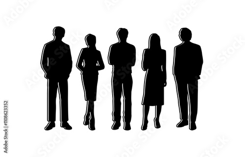 Silhouette of business working man and woman with laptop and briefcase.