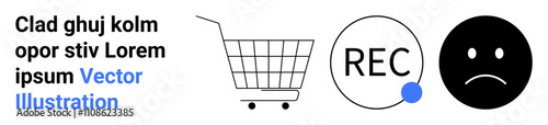 Shopping cart, record button, and sad face emotion with placeholder text. Ideal for e-commerce, media recording, emotion representation, presentations, web design, user interfaces, and educational