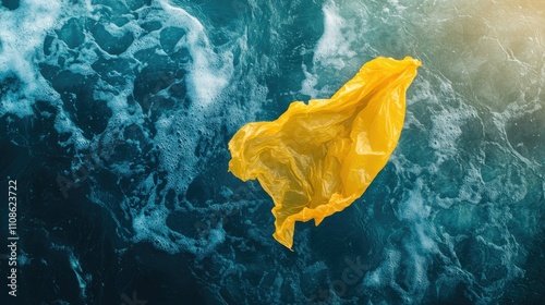 Yellow plastic bag polluting the ocean surface, drifting in the water and threatening marine life, a vivid depiction of environmental damage photo