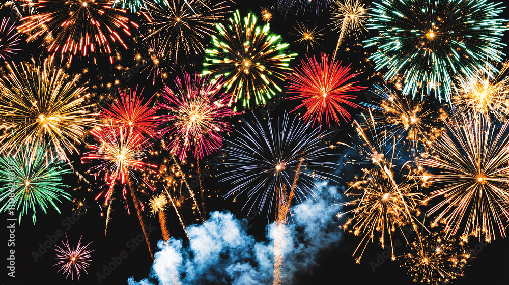 Fototapeta premium Amazing colorful display of fireworks on black backgound