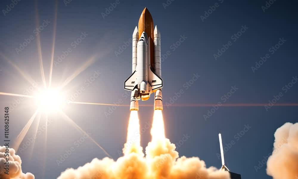 Produce a 3D animation of a space shuttle launching from a futuristic launch pad, with intense flames and smoke emanating from the rocket engines, followed by the shuttle ascending into the bright
