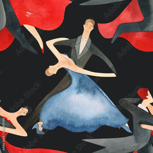 Ballroom dancing, standard. Adult couples on the parquet. Isolated watercolor illustration. Seamless pattern. Black background