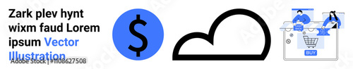 Text beside a dollar sign icon, a cloud icon, and a graphic of people shopping online. Ideal for e-commerce, cloud services, finance, marketing, online shopping, digital communication landing page