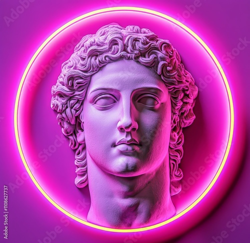 Concept of a classic statue in the background. Background styled with vaporwave aesthetics. Classic sculpture with color manipulation and illuminated with colored lights. 3D render of the scene. photo