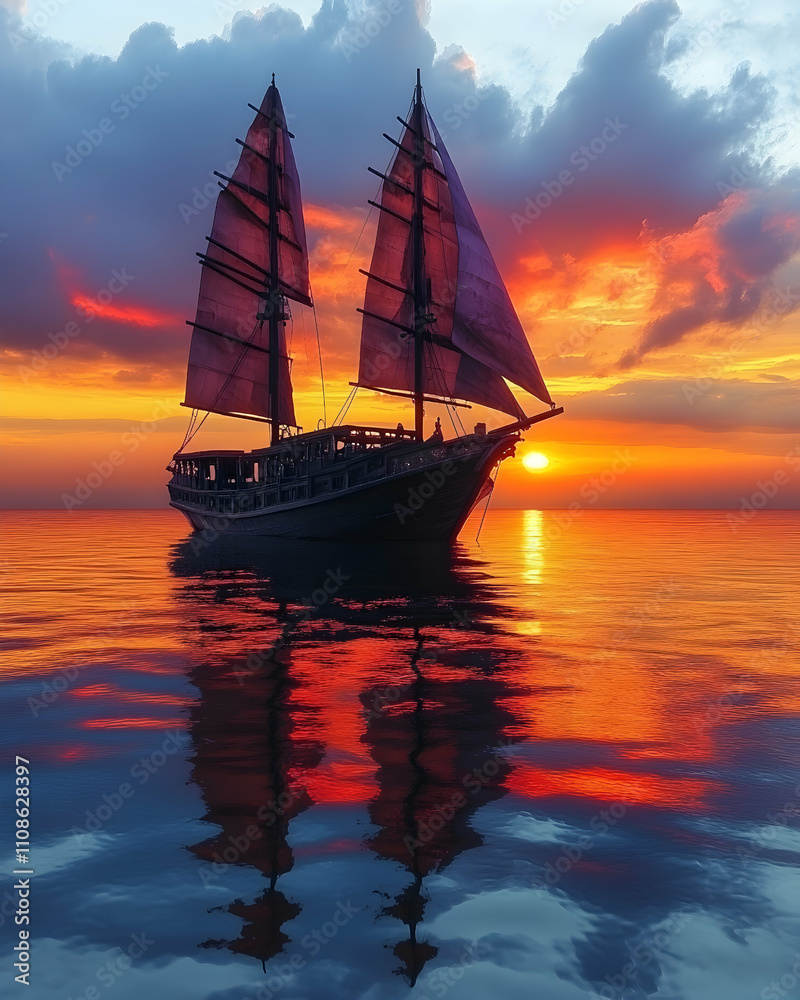 Fototapeta premium Sunset sailboat on calm ocean water.