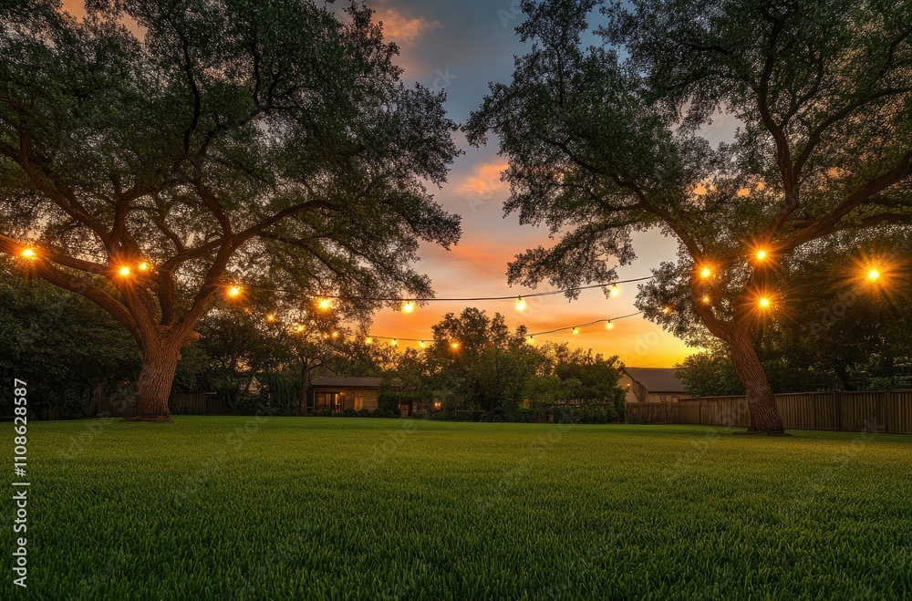 Beautiful sunset view of the backyard with string lights and a large oak tree in front, a large home in an upscale neighborhood Beautiful sunset view of the backyard with string lights and a large oak tree in front, a large home in an upscale neighborhood