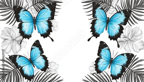 Butterfly and Rainforest Wallpaper with a Light Blue and Green Watercolor Design to Bring Nature Indoors. A Stock Illustration.