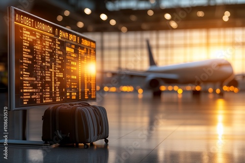 A lone suitcase stands against the backdrop of a glowing airport flight board, symbolizing the anticipation and excitement of an impending journey. photo