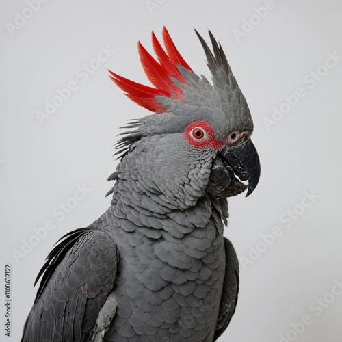 Palm Cockatoo: A striking palm cockatoo with dark grey feathers and a bold red facial patch, holding a twig in its claw, positioned on a white backdrop. photo