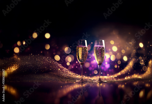 Two champagne flutes filled to the brim, sparkle against a backdrop of glittering bokeh lights and rich purple hues. A celebratory scene perfect for toasting.