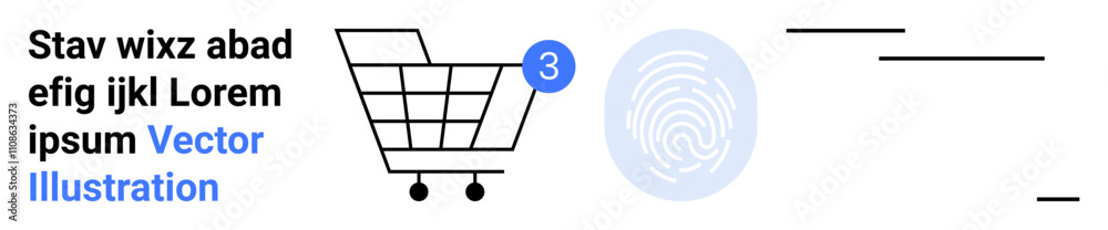 Shopping cart with notification, fingerprint icon, text elements. Ideal for e-commerce, security, online shopping, user authentication, technology, data protection, digital identity. Landing page Shopping cart with notification, fingerprint icon, text elements. Ideal for e-commerce, security, online shopping, user authentication, technology, data protection, digital identity. Landing page