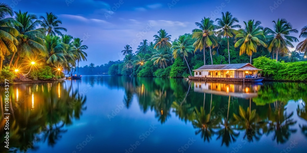 Ashtamudi Lake Kerala Backwaters Night Photography Green Trees Ashtamudi Lake Kerala Backwaters Night Photography Green Trees