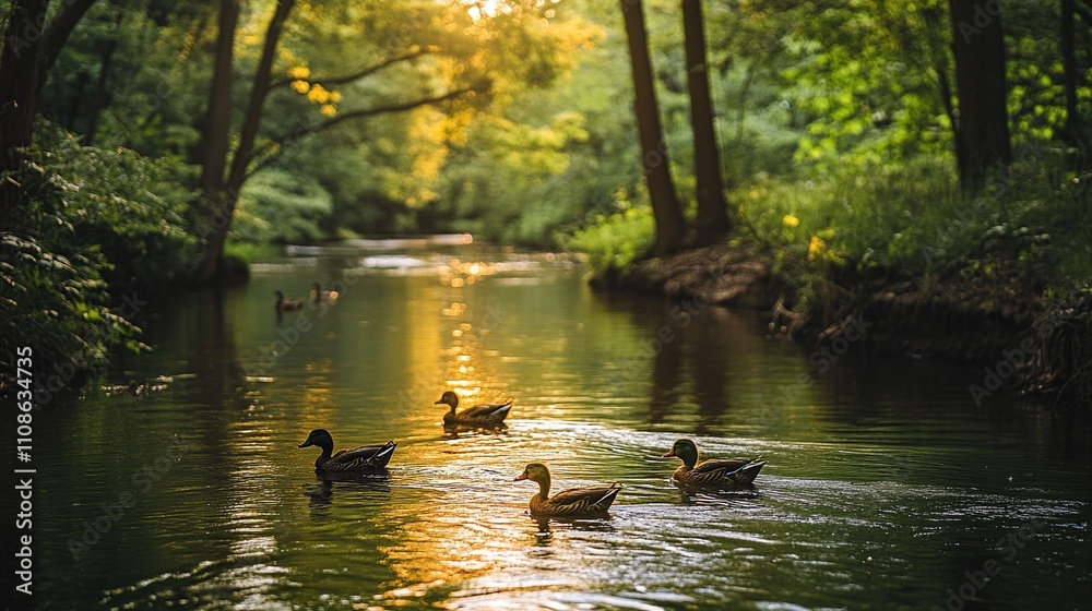 Golden Hour Serenity: Ducks on a Tranquil River Golden Hour Serenity: Ducks on a Tranquil River