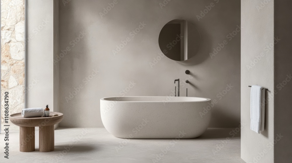 Fototapeta premium Minimalist Concrete Oval Bathtub in Modern Bathroom