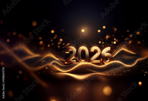 Golden 2026 numerals rest on shimmering, undulating waves.  A luxurious, celebratory New Year's image, glowing with festive light.