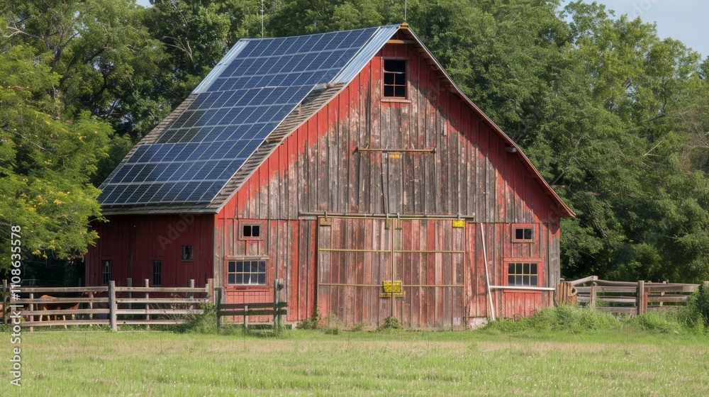 Obraz premium A rustic red barn with a large solar panel roof providing power for the farms electric fencing keeping livestock safe and contained.