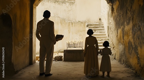 A family reciting blessings over the menorah, with soft shadows and flickering candlelight creating a filmic mood. photo